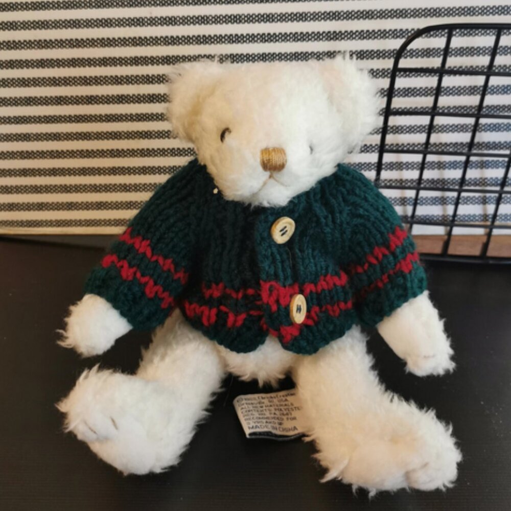 Vintage Chrisha Playful Plush White Teddy‎ Bear Green Sweater 8" Stuffed Animal